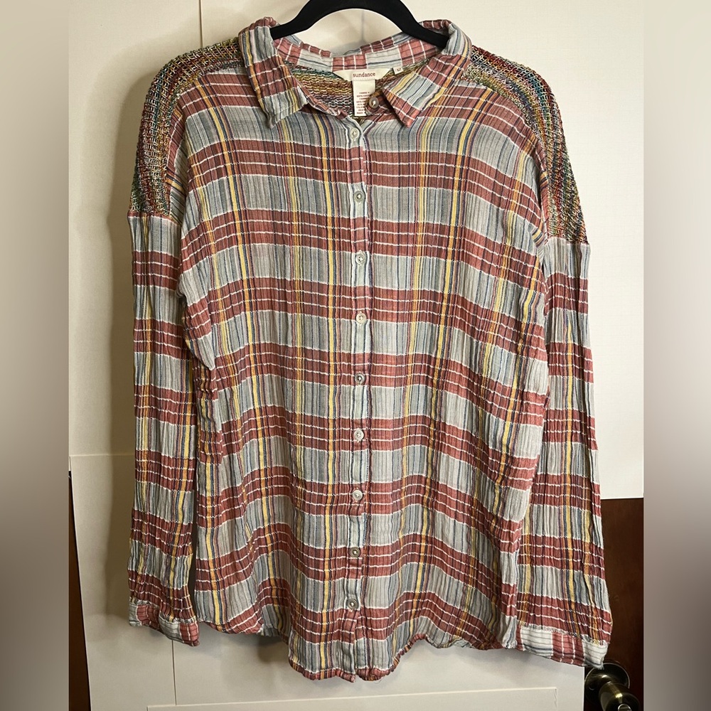 Sundance Women’s Size 12 Multicolor Gauzy Cotton Plaid Button Down Shirt